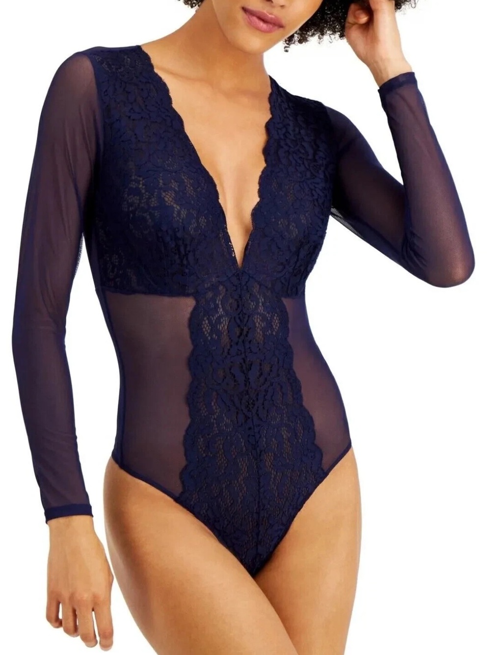 INC International Concepts NWT Navy Lace Mesh Bodysuit Small
